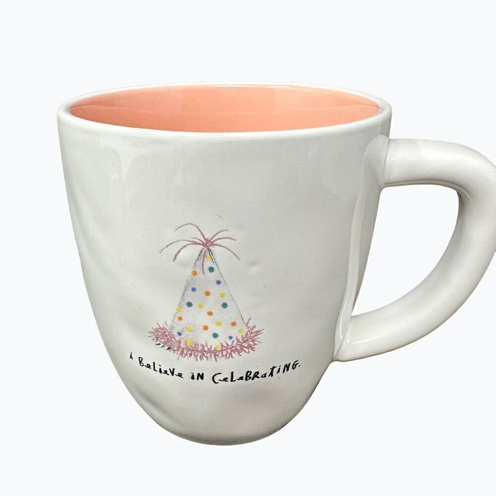 Rae Dunn Birthday Mug Ceramic Large Coffee Cup Magenta  Gift Pink Lining Dimples